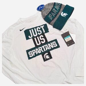 Calling all Spartans! Nike White Long Sleeve Shirt and Green Spartan Beanie Set.